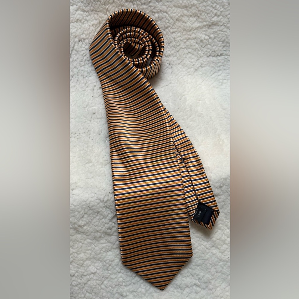Izod Men’s Necktie 100% Silk Orange, Navy Blue & White Stripes 59.5”x3.5”